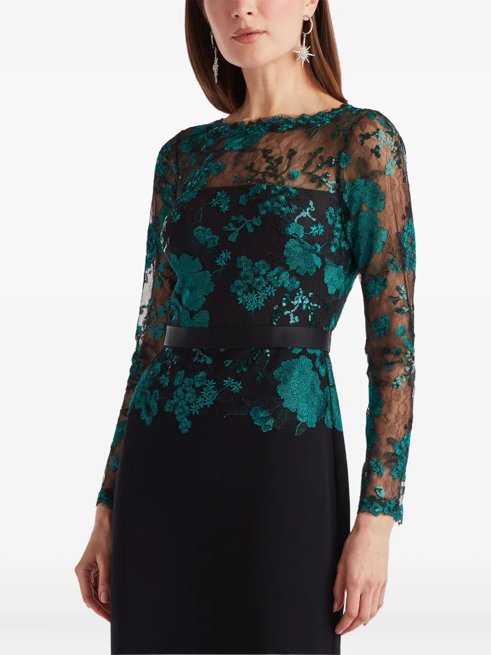 Tadashi Shoji Floral Lace Embroidery Long Sleeve Gown In Black
