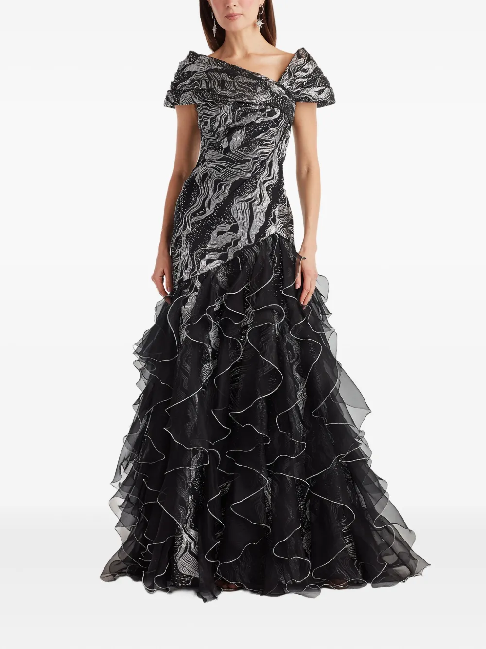 Tadashi Shoji Maxi-jurk met metallic-effect en ruches - Zwart