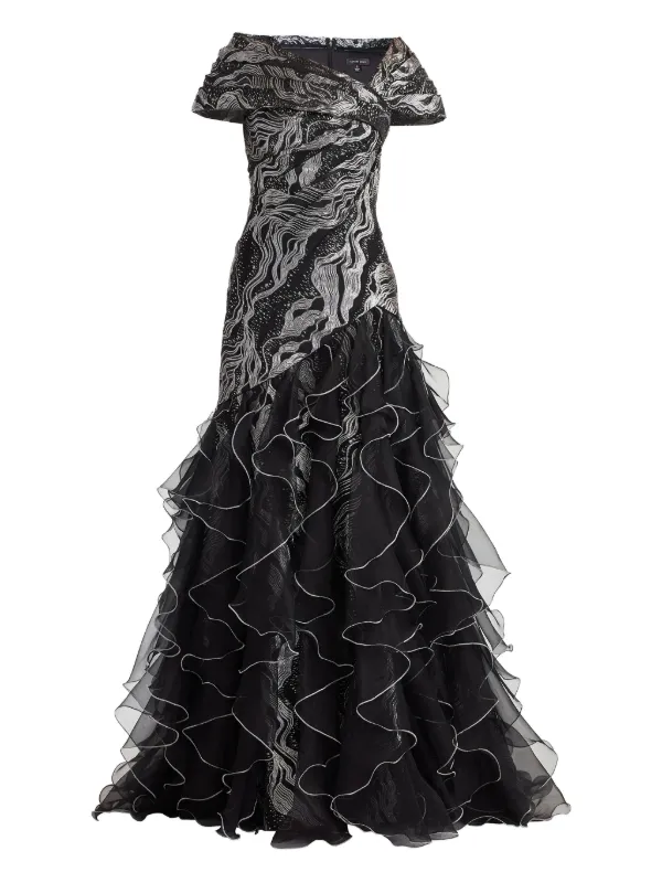 tadashi shoji black and white dress Tadashi Shoji Rhinestone Floral Off the Shoulder Mixed Media Gown Ivory/Black main image 0