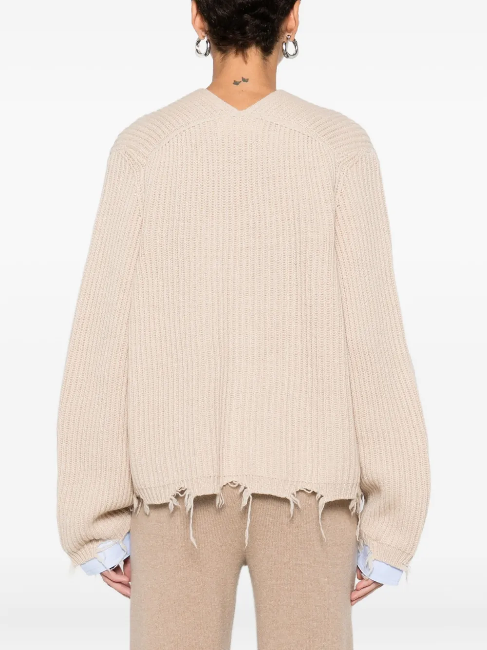 Solotre V-neck Distressed-finish Cardigan In Neutral