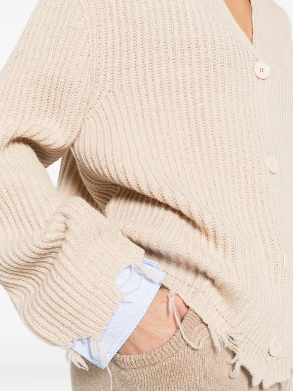 Solotre V-neck Distressed-finish Cardigan In Neutral