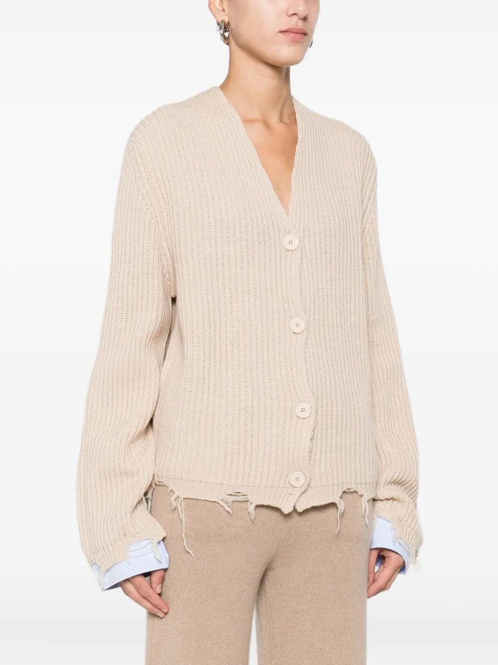 Solotre V-neck Distressed-finish Cardigan In Neutral