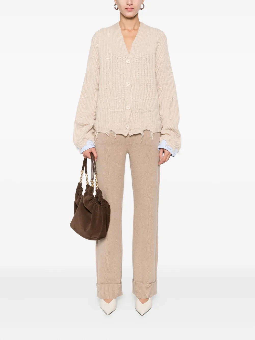 Solotre V-neck Distressed-finish Cardigan In Neutral