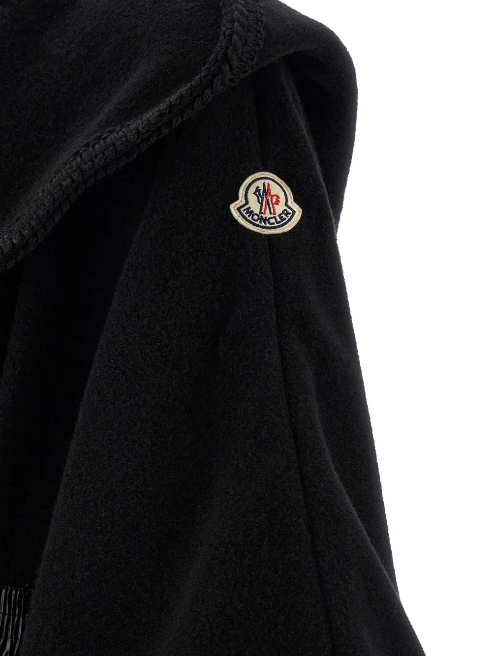 Moncler Hooded Cape With Belted Waist And Fringed Hem In Black
