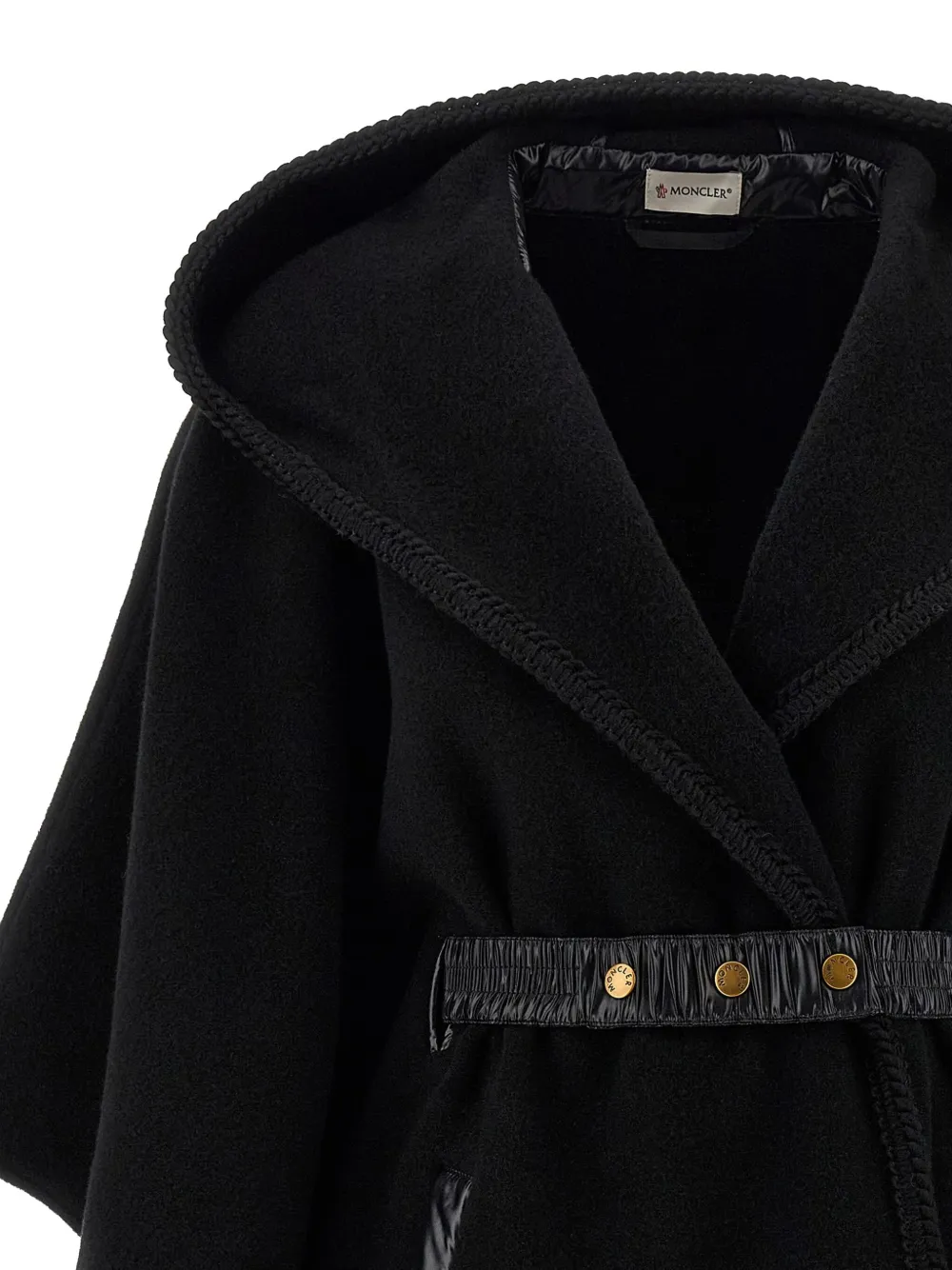 Moncler Hooded Cape With Belted Waist And Fringed Hem In Black