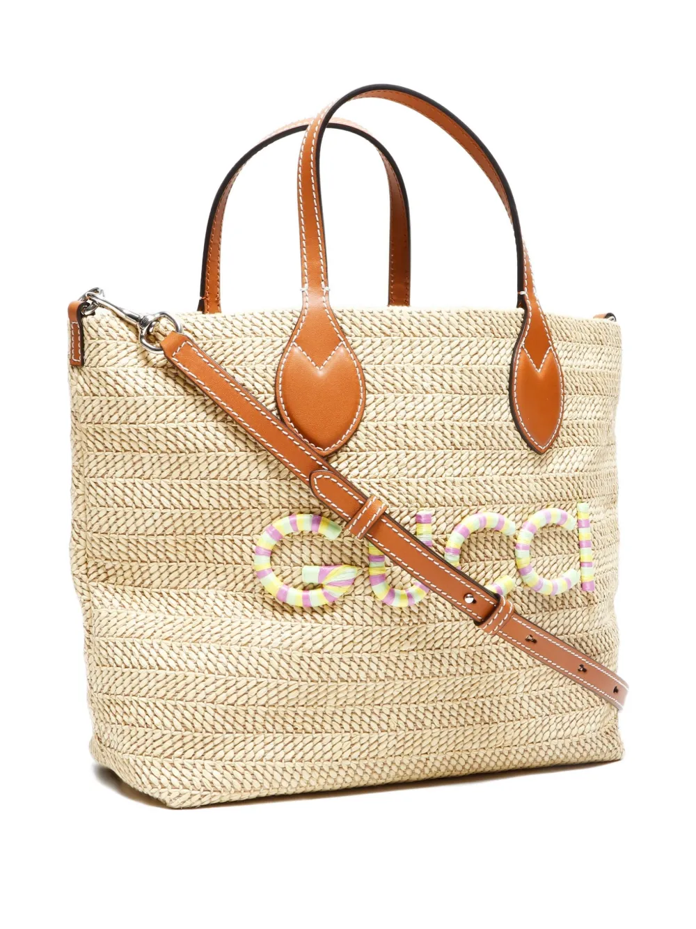Pre-owned Gucci 2020-2025s Logo Raffia 2way Bag In Neutral