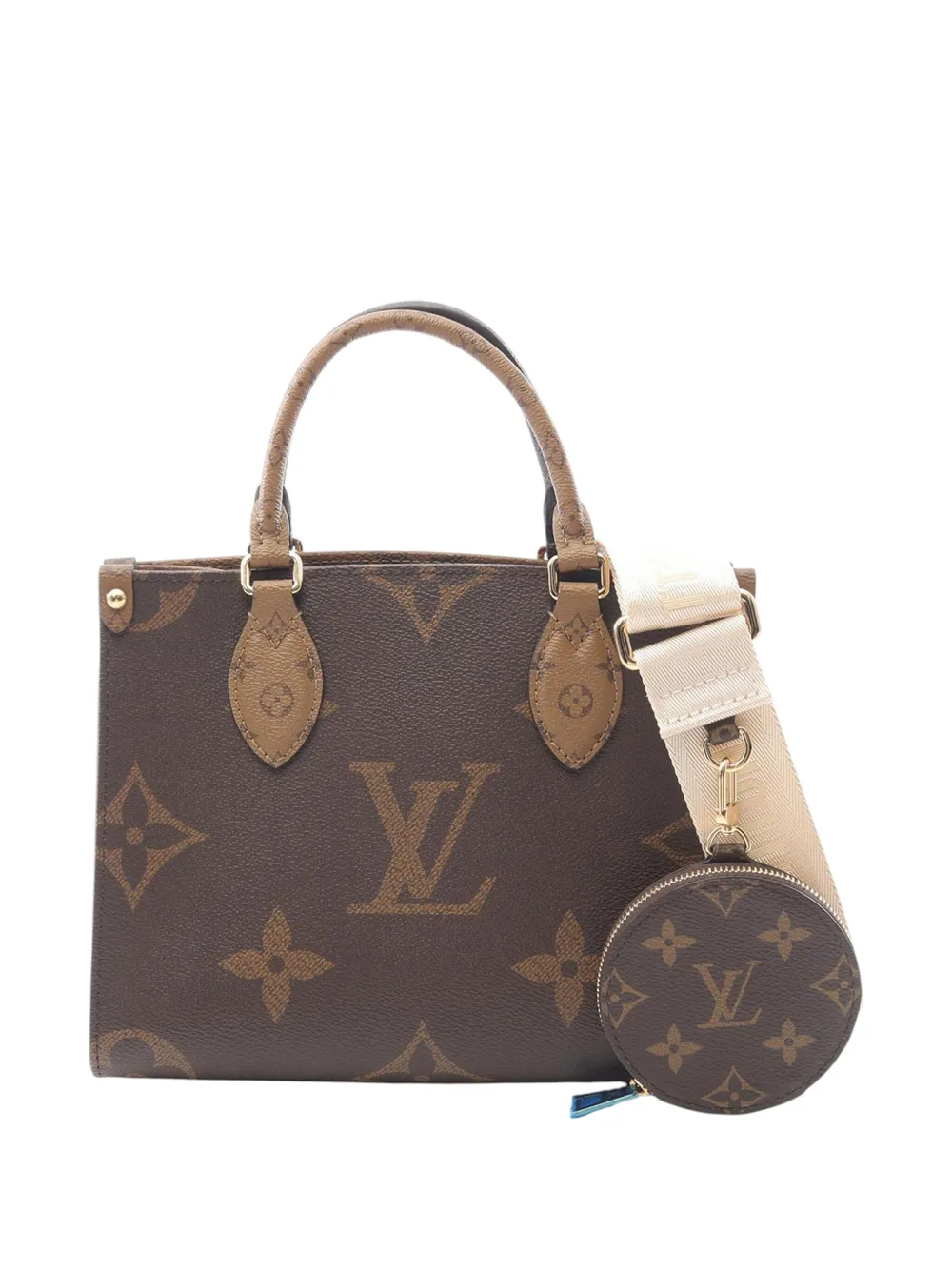 Pre-owned Louis Vuitton 2021-2025 Monogram Reverse Giant Onthego Pm Satchel In Brown
