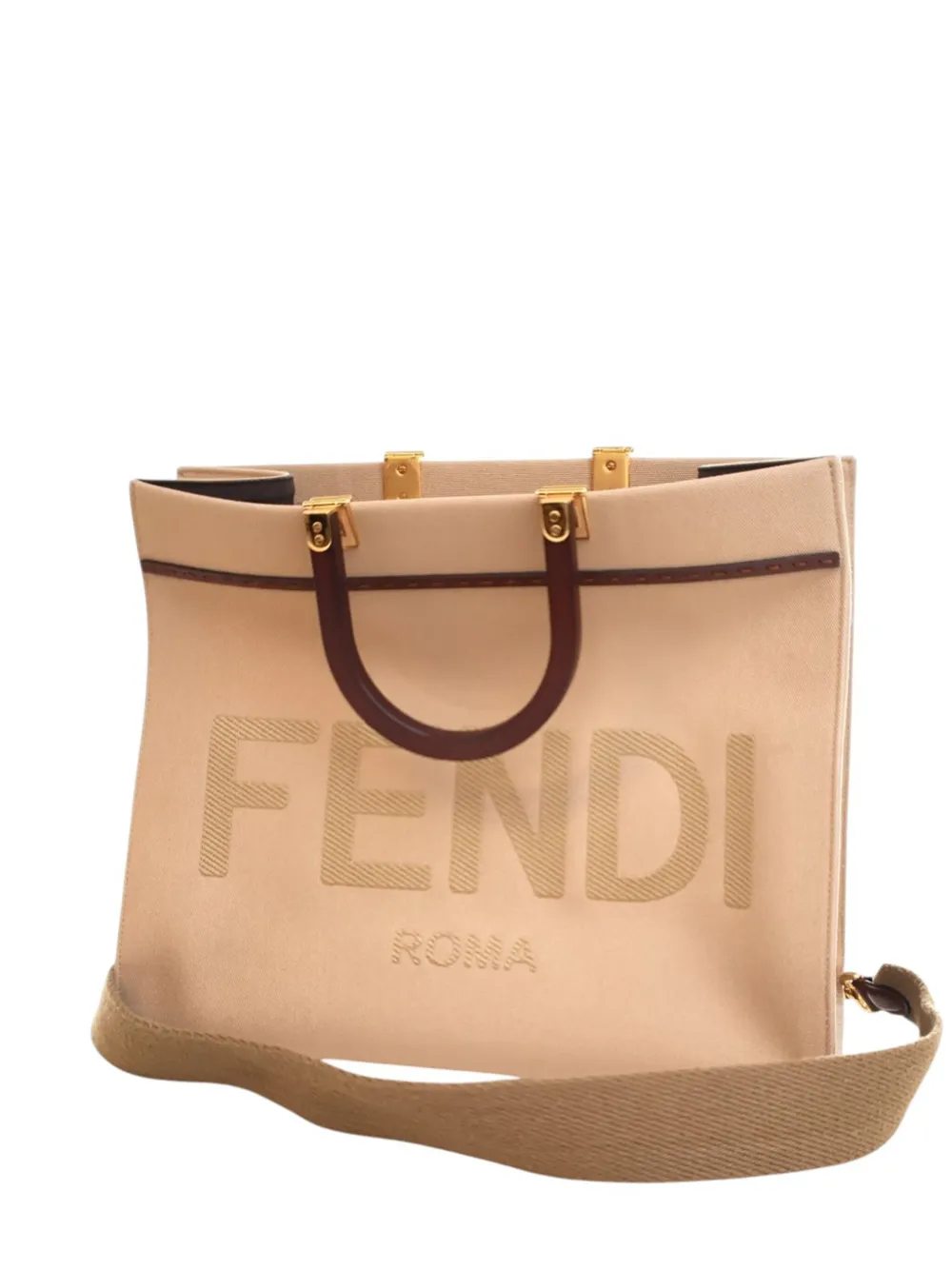 Pre-owned Fendi 2010-2025 Medium Canvas Sunshine Shopper Tote Satchel In Brown