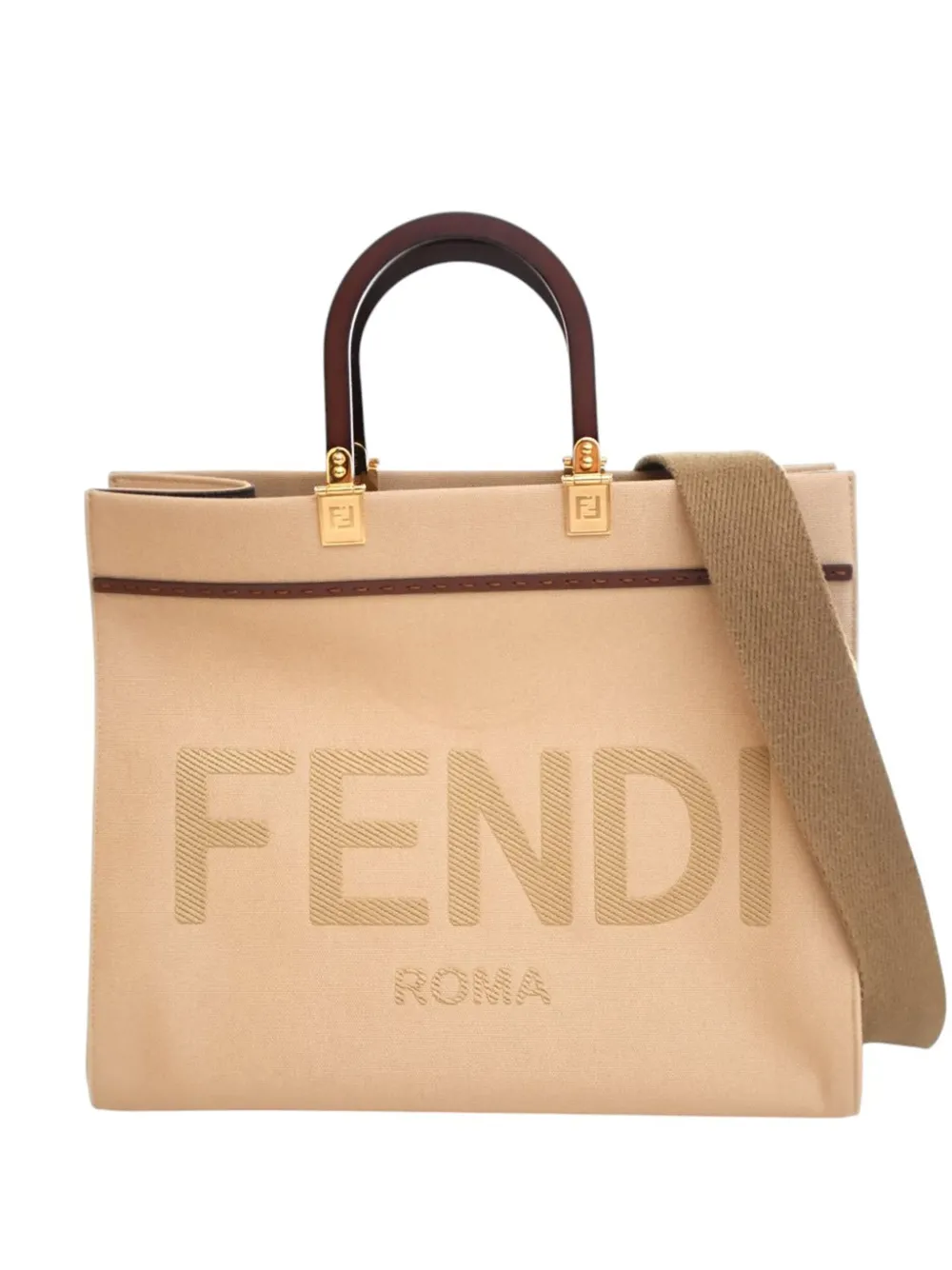 Pre-owned Fendi 2010-2025 Medium Canvas Sunshine Shopper Tote Satchel In Brown