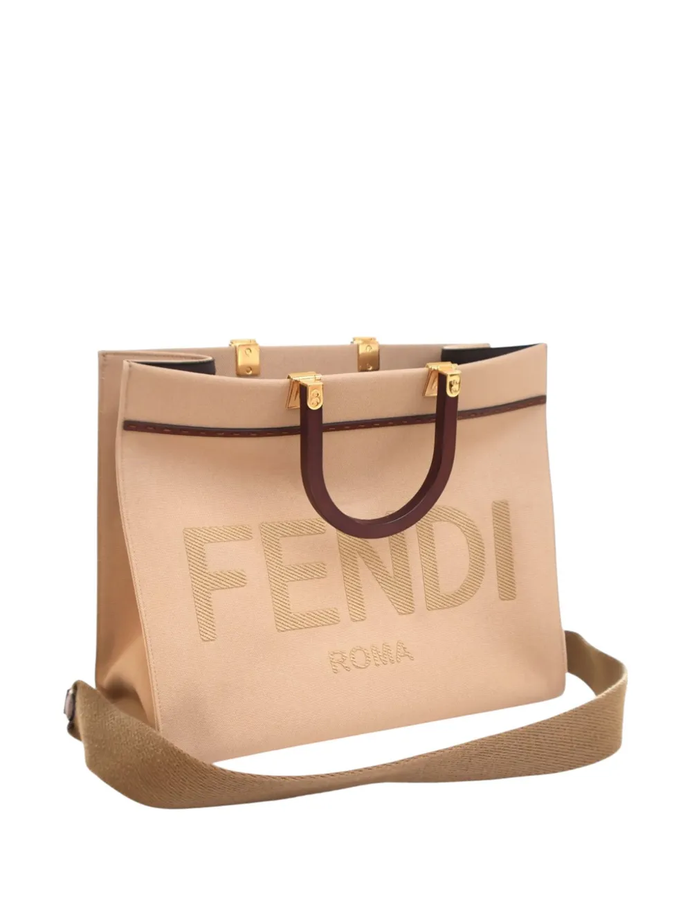 Pre-owned Fendi 2010-2025 Medium Canvas Sunshine Shopper Tote Satchel In Brown
