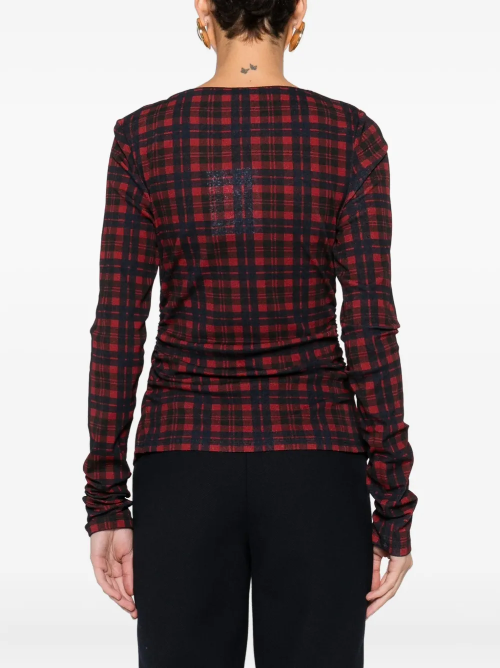 Marella Plaid Ruched Top In Burgundy