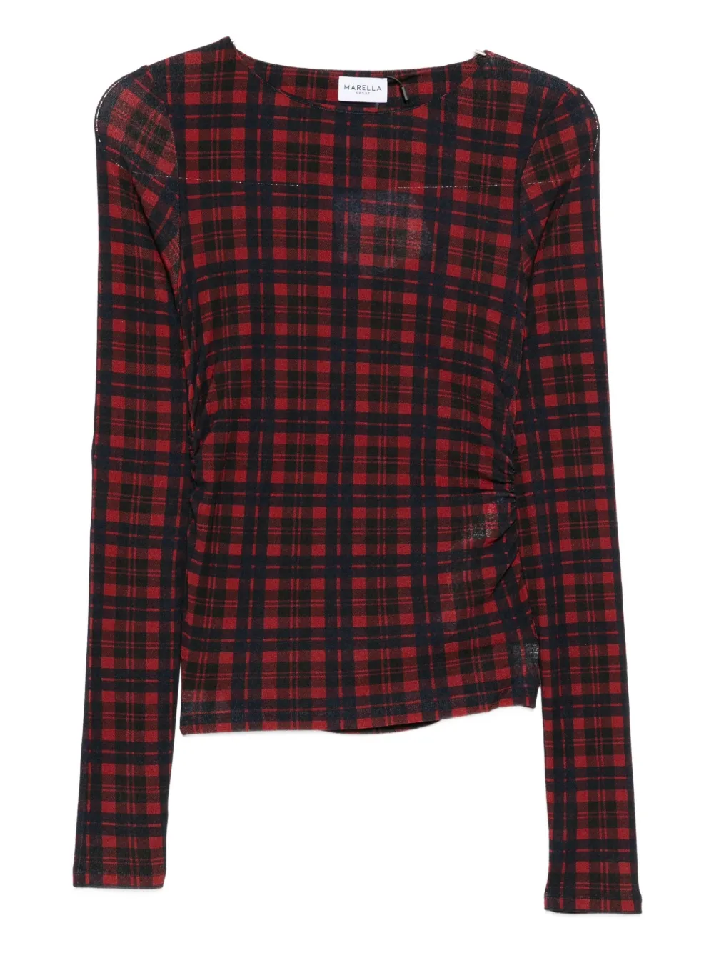 Marella Plaid Ruched Top In Burgundy