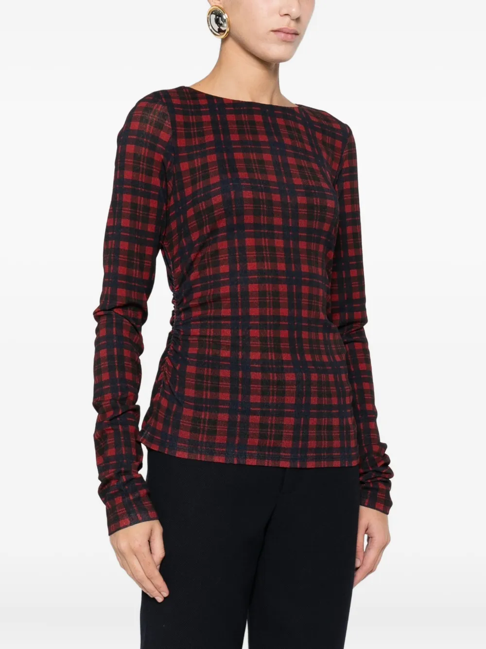 Marella Plaid Ruched Top In Burgundy