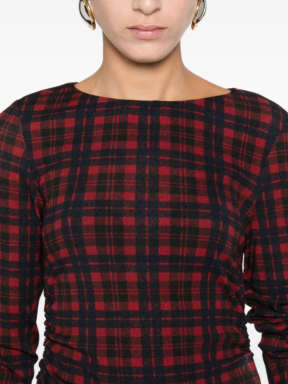 Marella Plaid Ruched Top In Burgundy