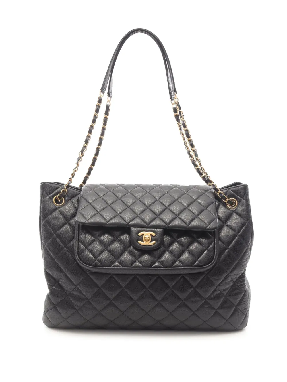 Pre-owned Chanel 2015-2016 Paris Edinburgh Quilted Caviar Front Flap Pocket Tote Bag In Black