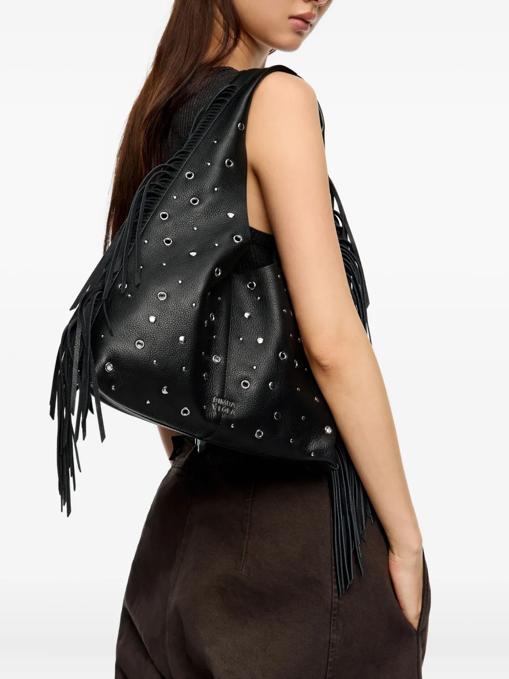 Bimba Y Lola Medium Fringed Leather Paper Bikini Bag In Black