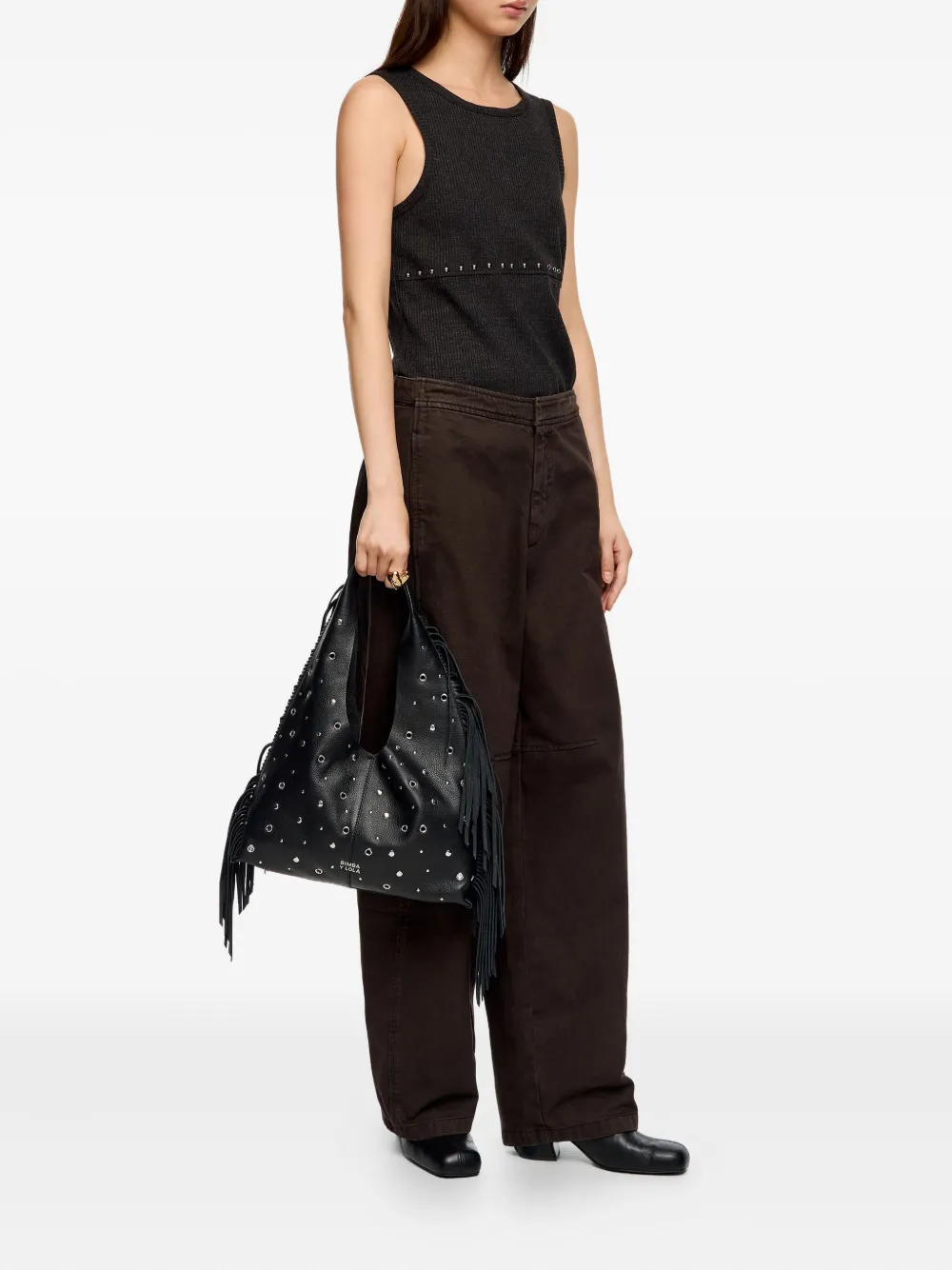 Bimba y Lola Schoudertas met franje en studs - Zwart