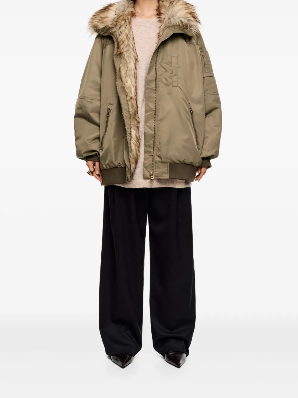 Bimba Y Lola Faux-fur-lined Padded Bomber Jacket In Green