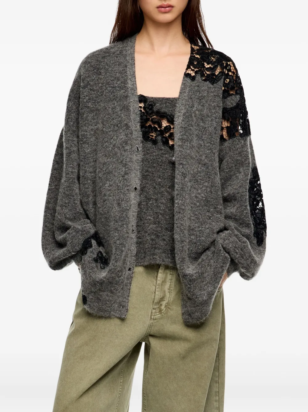 Bimba Y Lola Lace-detail Cardigan In Gray