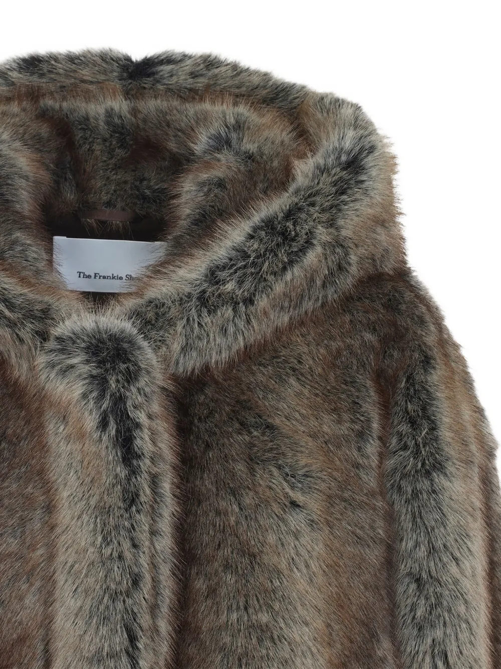 The Frankie Shop Short Brown Faux Fur Jacket With Hood And Gathered Hem In Gray