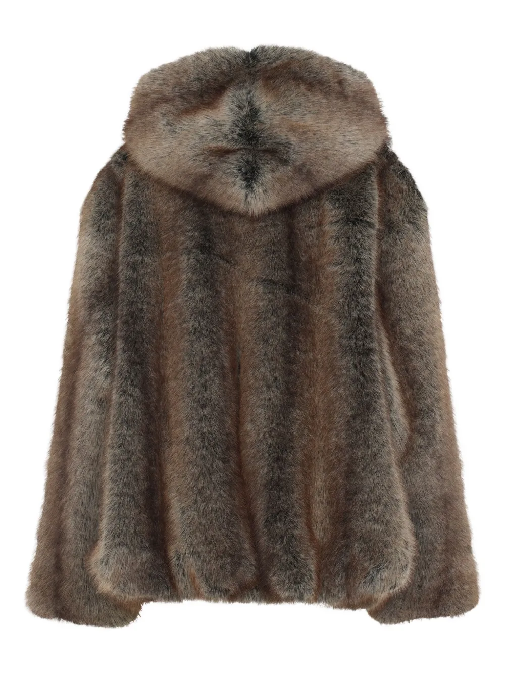 The Frankie Shop Short Brown Faux Fur Jacket With Hood And Gathered Hem In Gray
