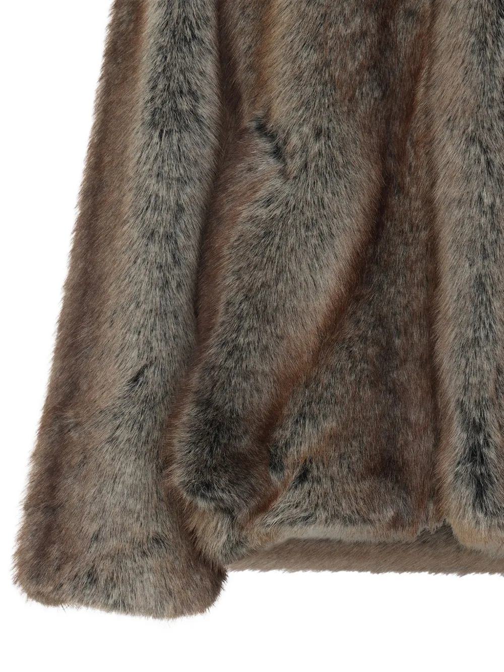 The Frankie Shop Short Brown Faux Fur Jacket With Hood And Gathered Hem In Gray