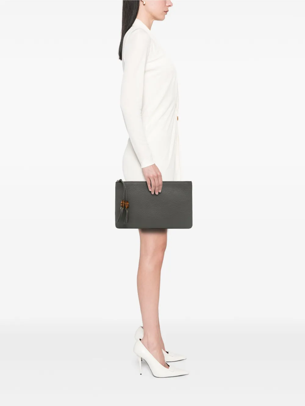 Pre-owned Gucci 2016-2025 Calfskin Bamboo Tassel Clutch Bag In Gray