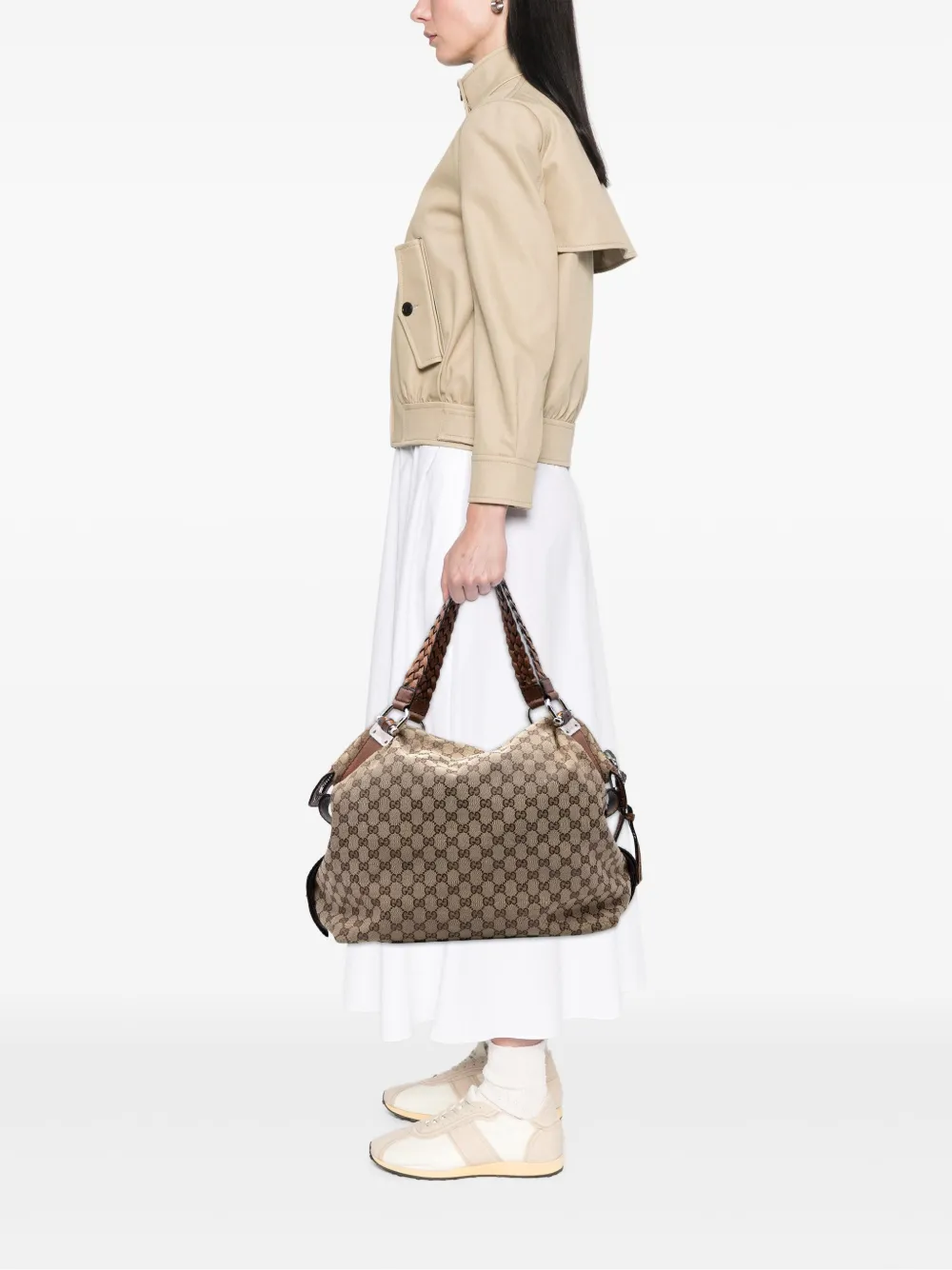 Pre-owned Gucci 2016-2025 Large Gg Canvas Bamboo Bar Tote Bag In Brown