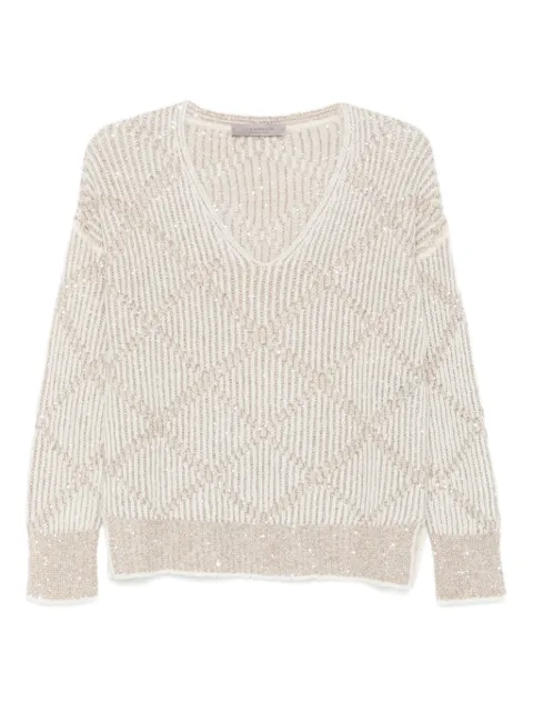 D.Exterior suéter con cuello en V y lentejuelas