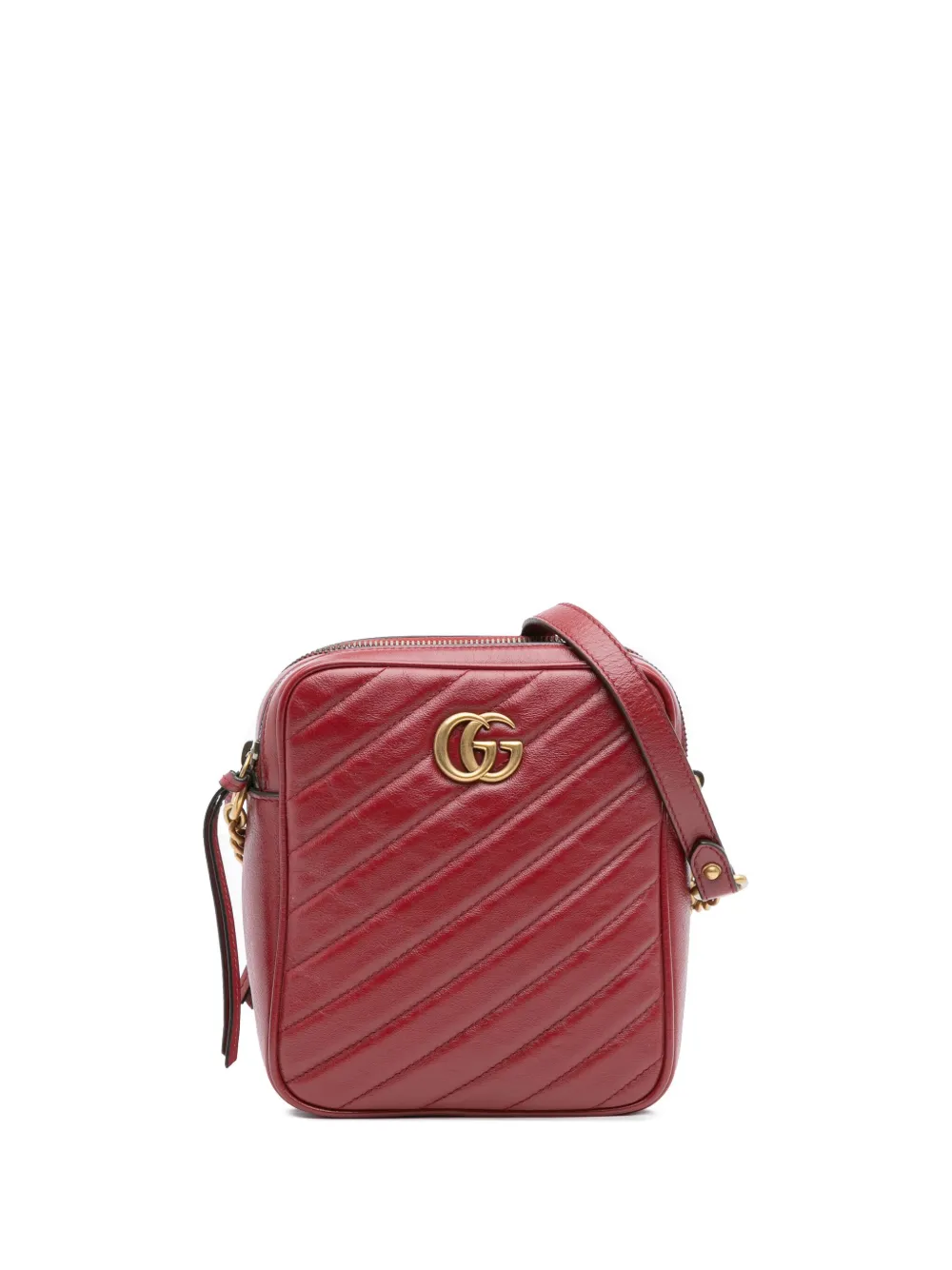 Pre-owned Gucci 2016-2025 Gg Marmont Matelasse Leather Double Zip Crossbody Bag In Red
