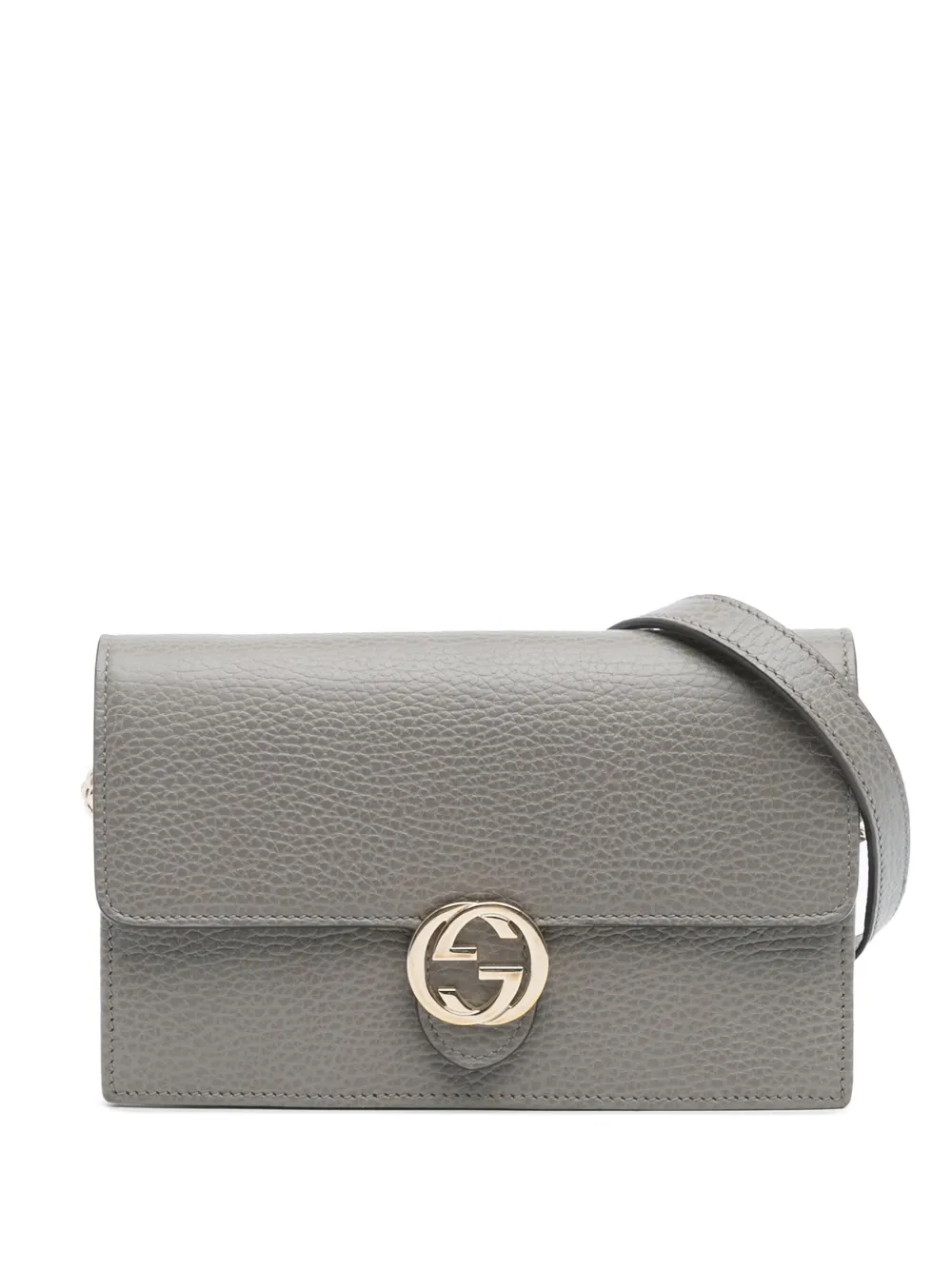 Pre-owned Gucci 2016-2025 Leather Interlocking G Dollar Wallet On Chain Crossbody Bag In Gray