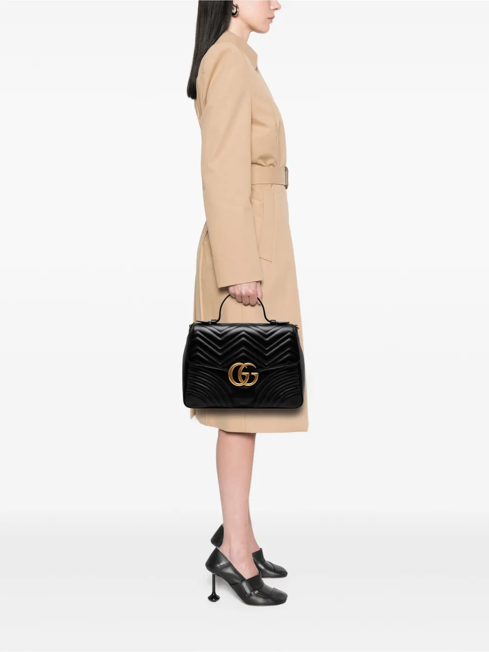 Pre-owned Gucci 2016-2025 Medium Gg Marmont Matelasse Leather Top Handle Satchel In Black