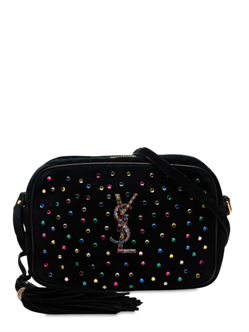 Pre-owned Saint Laurent 2018 Suede Crystal Monogram Lou Camera Bag Crossbody Bag In Black