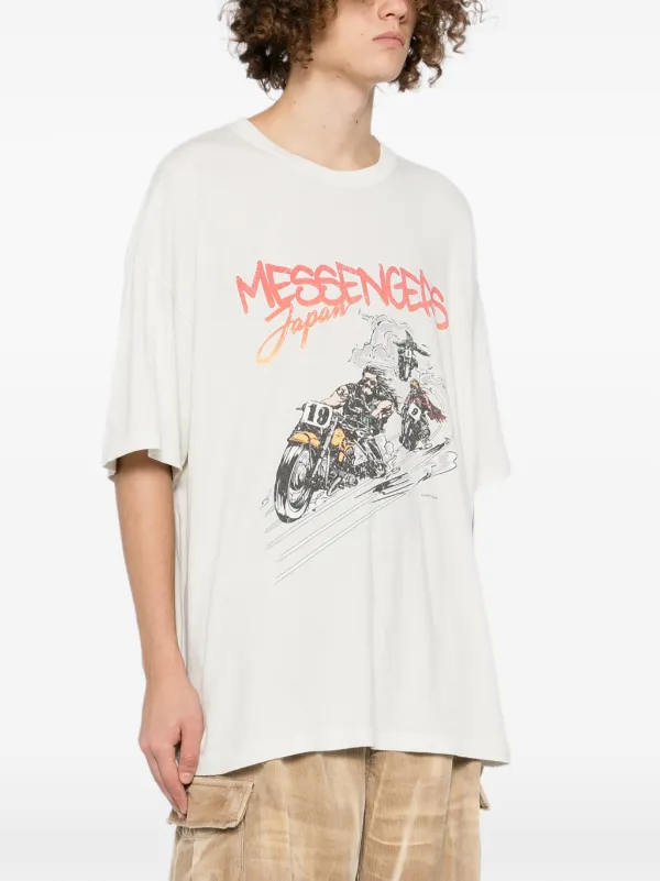 KAMIYA Motorbike Messengers-print Distressed T-shirt | Neutrals