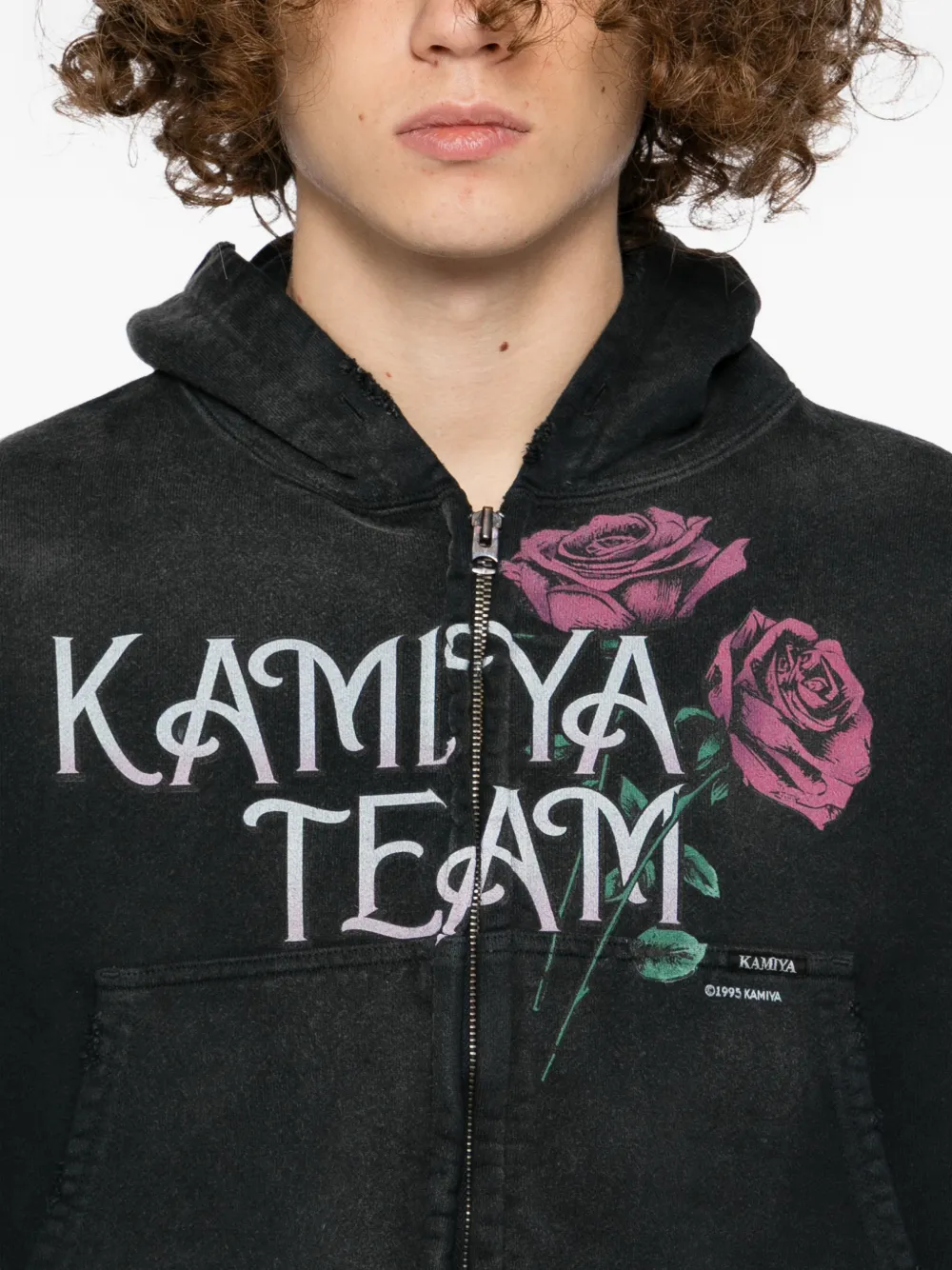 玫瑰印花仿旧连帽衫