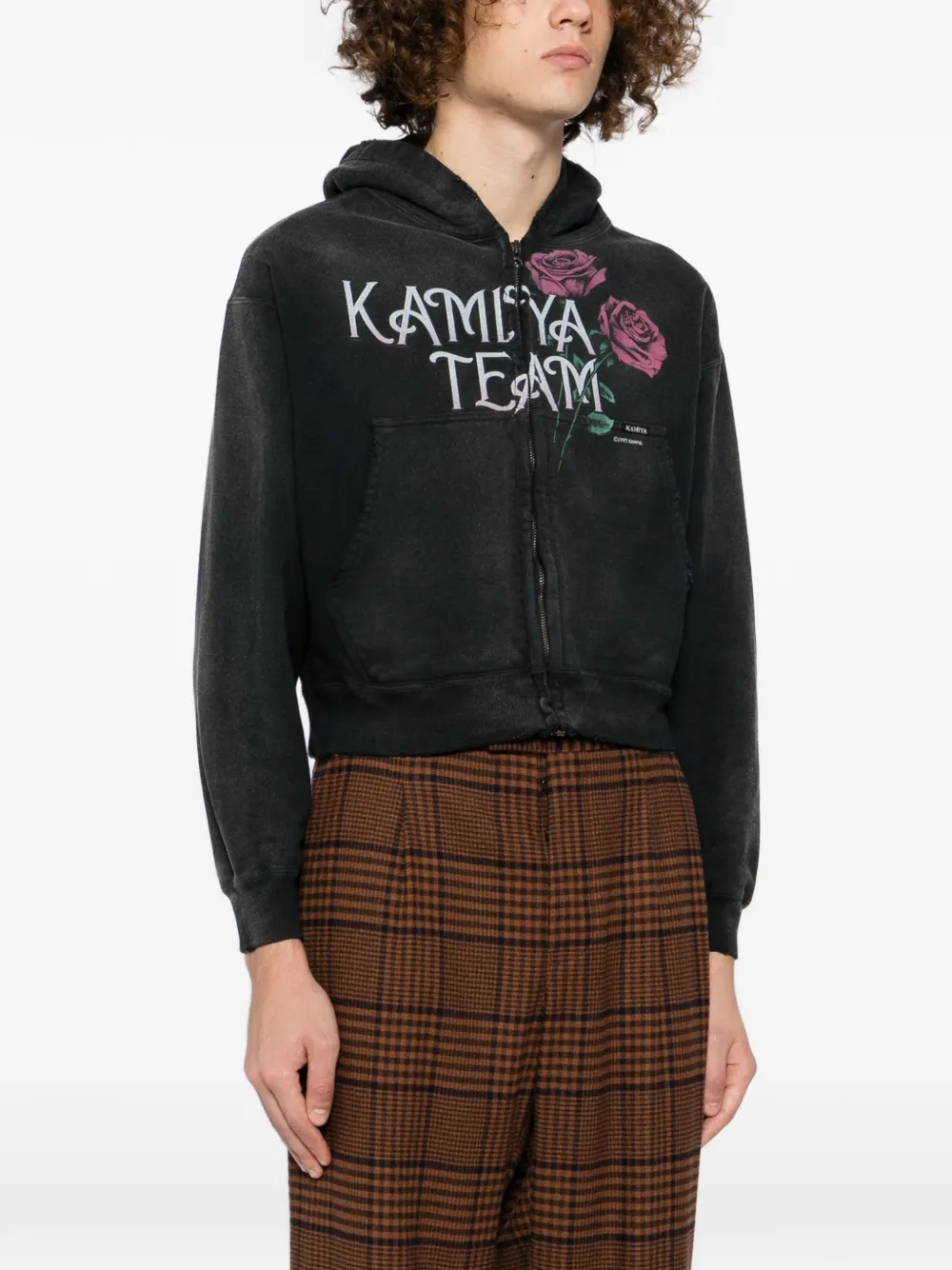 玫瑰印花仿旧连帽衫