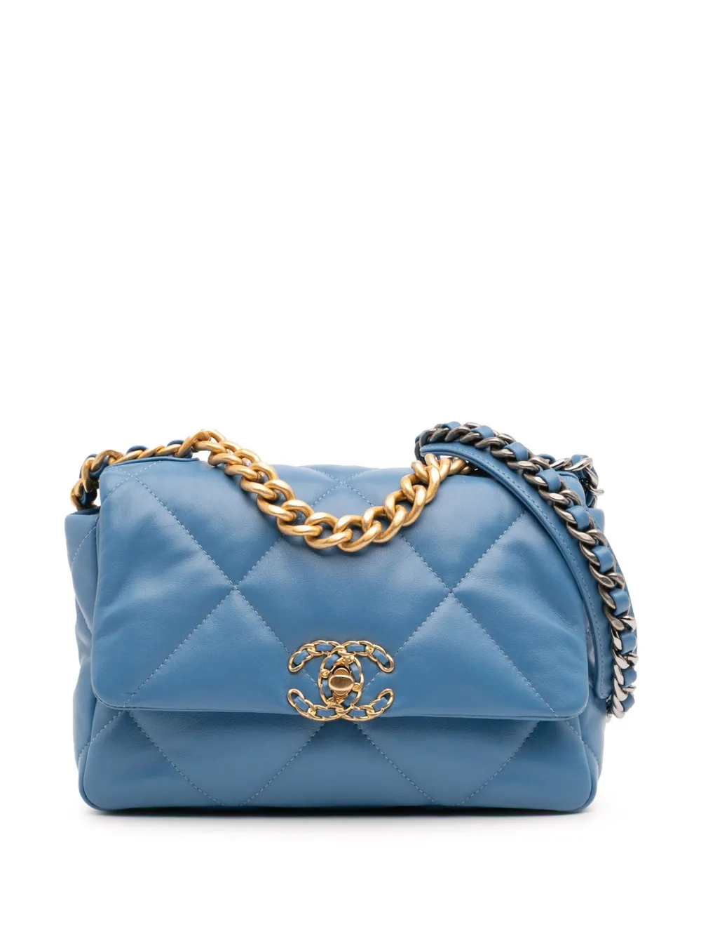Pre-owned Chanel 2021 Medium Lambskin 19 Flap Satchel In Blue