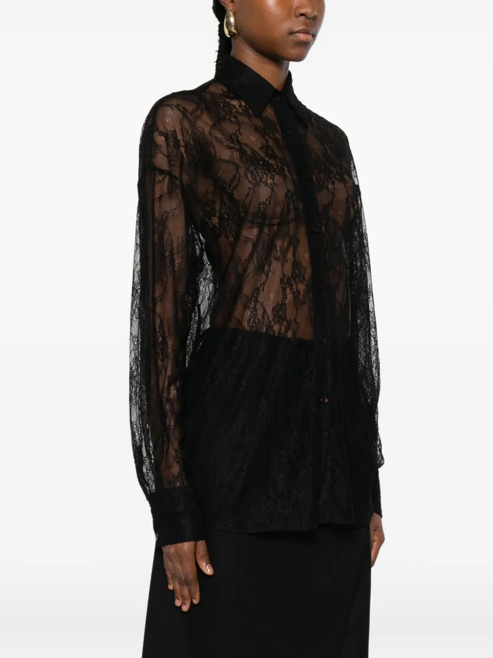 The Nina Studio Lace Button-down Shirt In Black