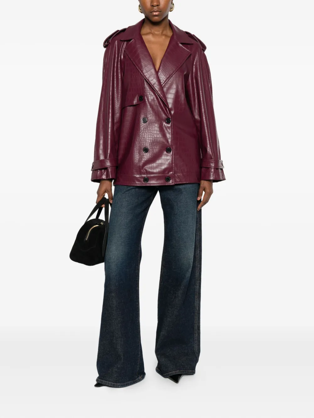 The Nina Studio Double-breasted Leather Jacket In Burgundy