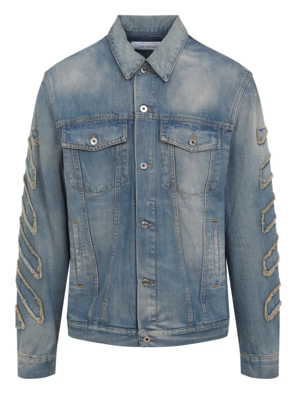 Off-white Denim Jacket With Frayed Diagonal Stripes In Blue
