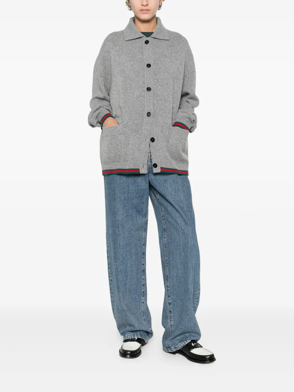 Gucci Women Cashmere And Wool Cardigan With Web In Gray