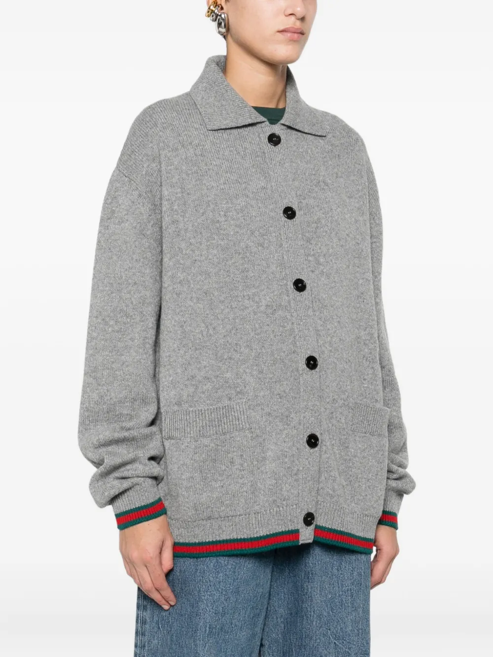 Gucci Women Cashmere And Wool Cardigan With Web In Gray