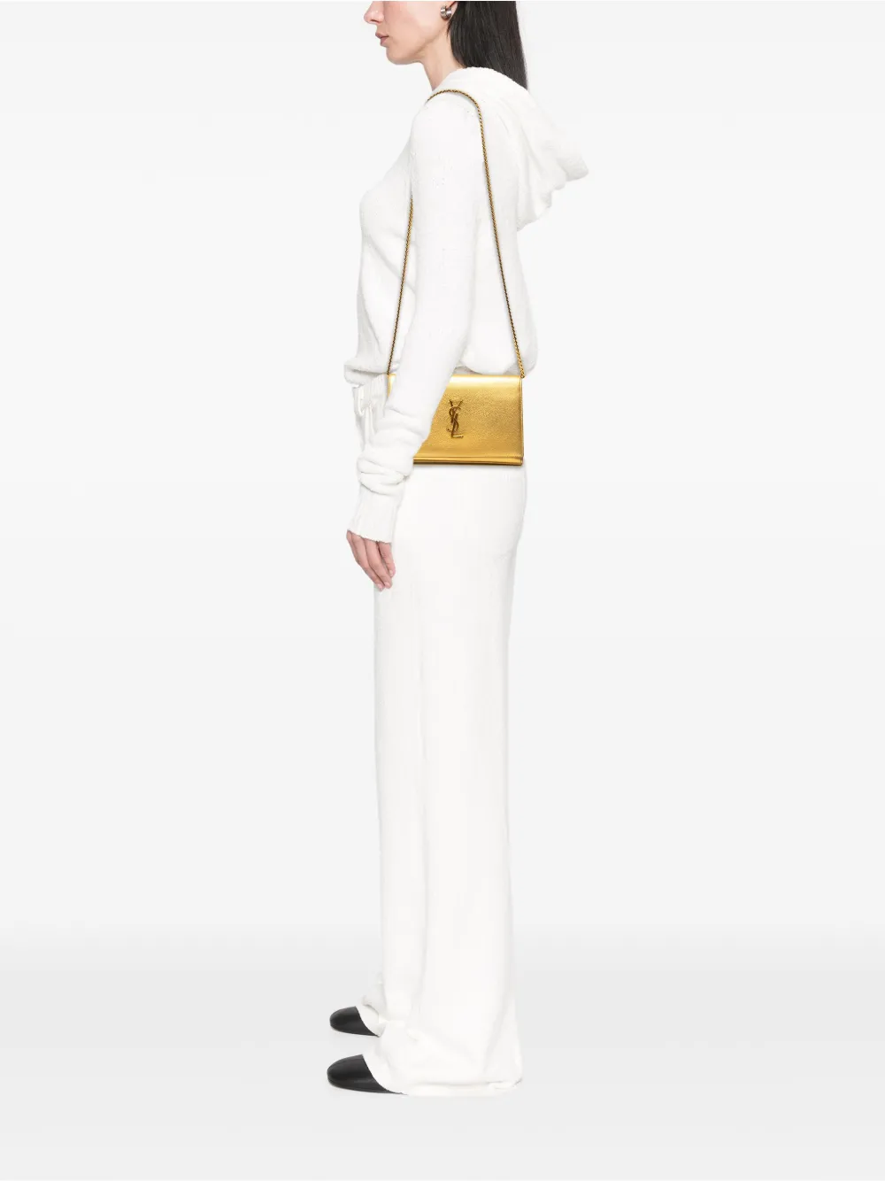 Pre-owned Saint Laurent 2014 Metallic Leather Monogram Kate Wallet On Chain Crossbody Bag In Gold