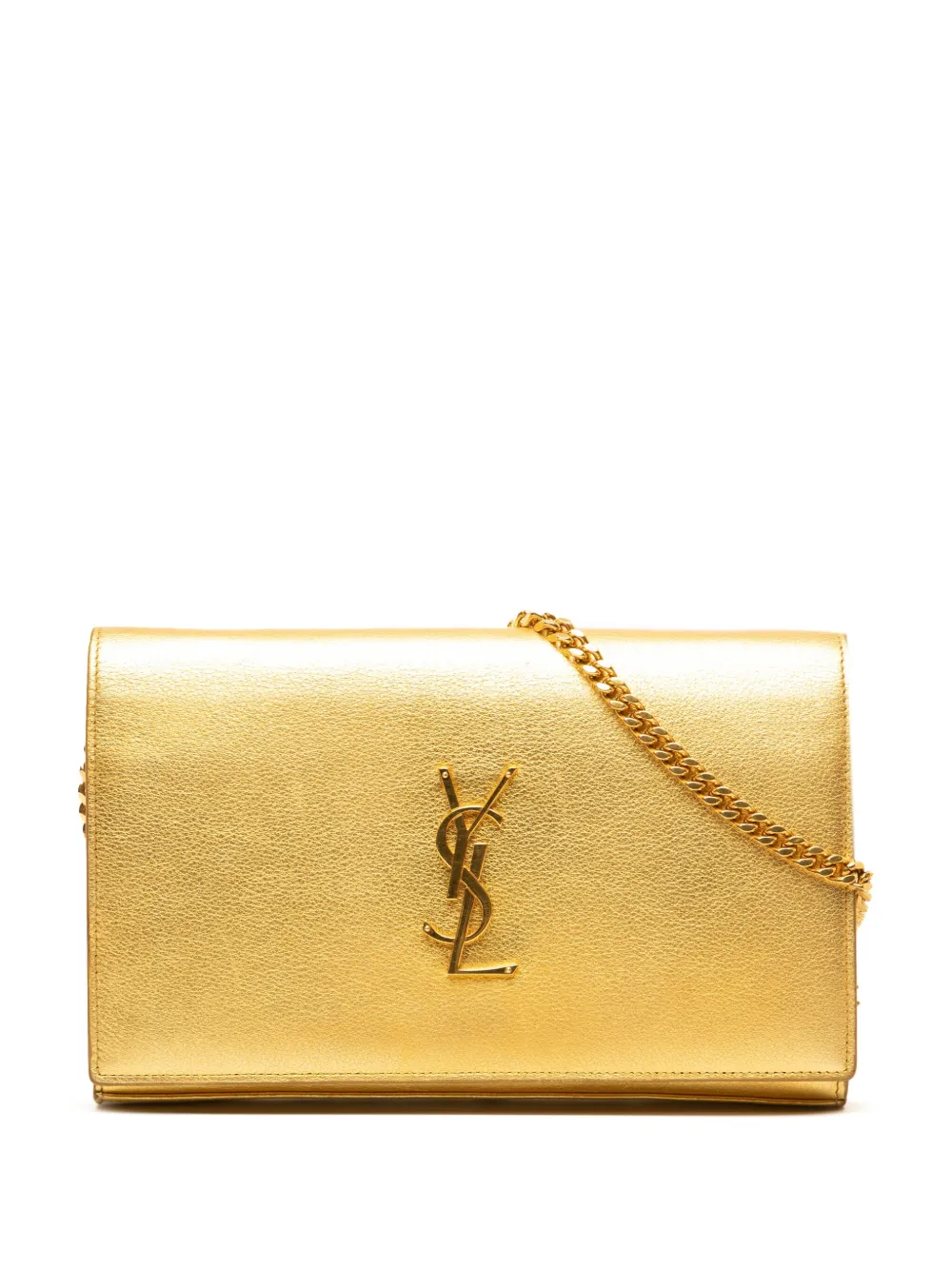 Pre-owned Saint Laurent 2014 Metallic Leather Monogram Kate Wallet On Chain Crossbody Bag In Gold