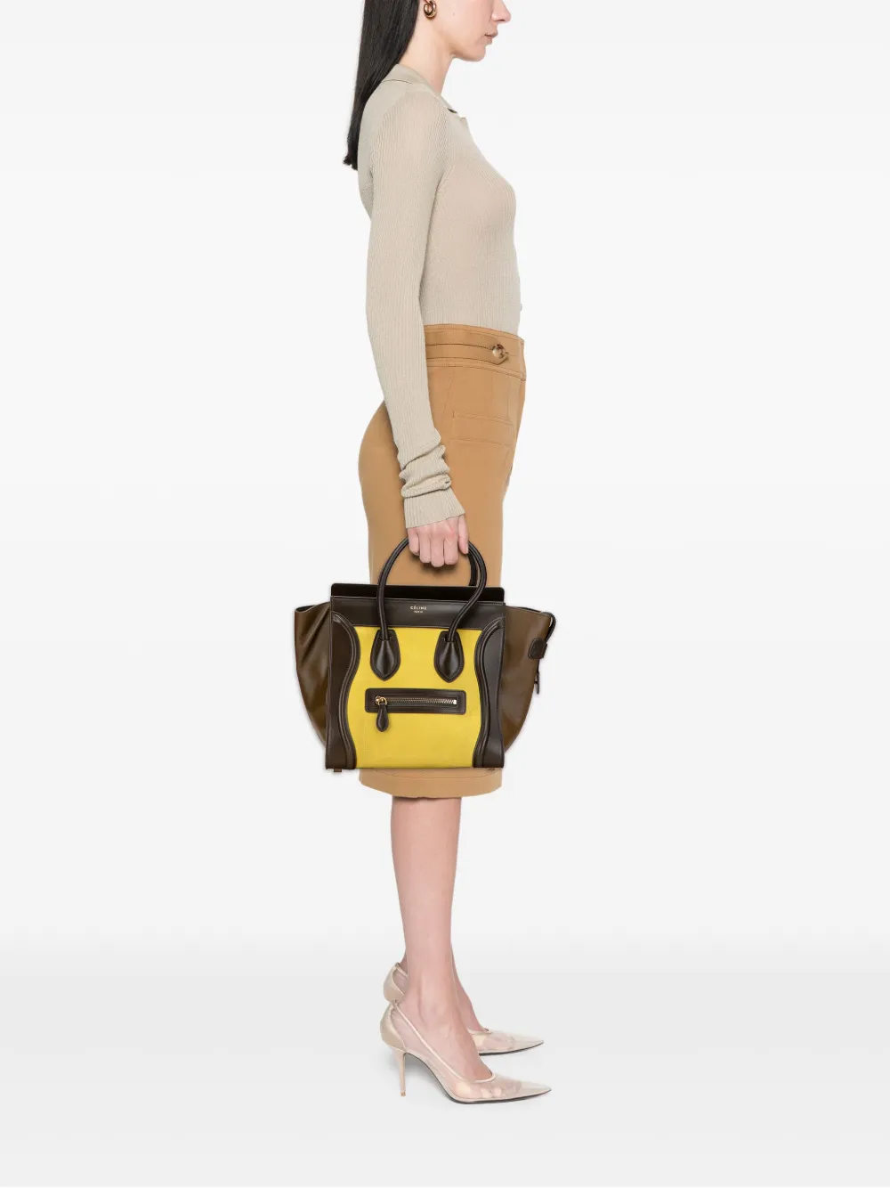 CELINE Pre-owned 2014 Micro Tricolor Leather Luggage Tote Bag In Brown