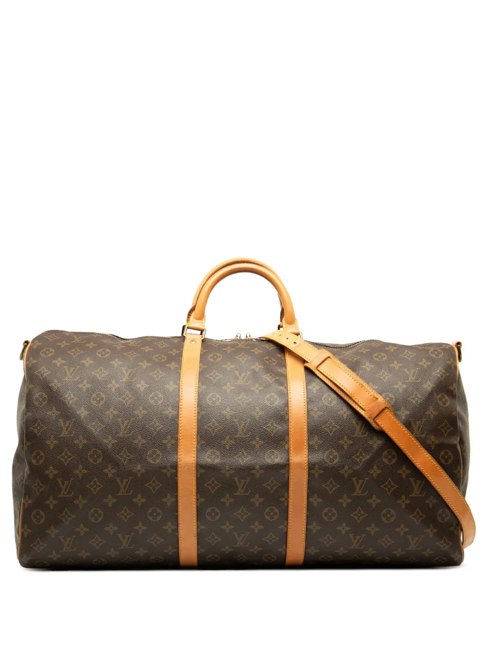 Pre-owned Louis Vuitton 1996 Monogram Keepall Bandouliere 60 Travel Bag In Brown