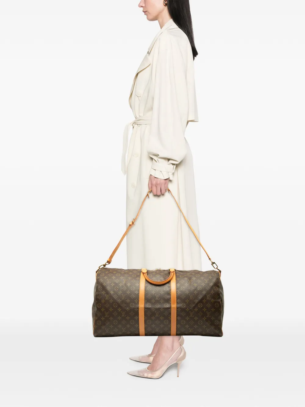 Pre-owned Louis Vuitton 1996 Monogram Keepall Bandouliere 60 Travel Bag In Brown