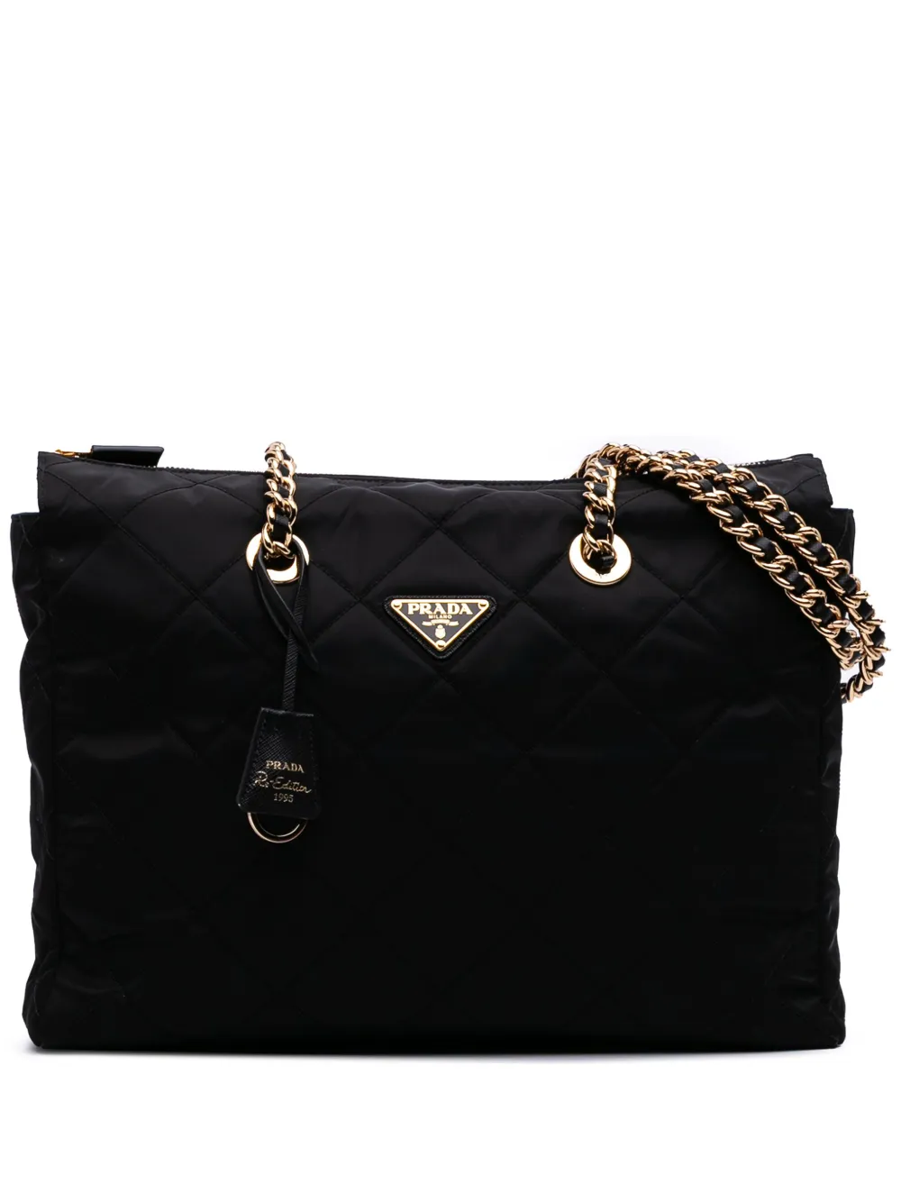 Pre-owned Prada 2019-2025 Large Impuntu Re Nylon Re Edition 1995 Chaine Tote Bag In Black