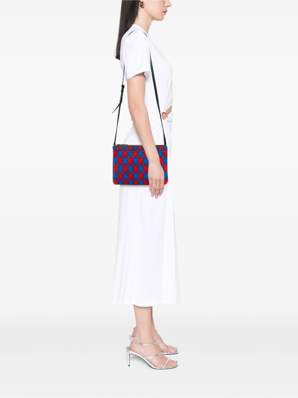 Pre-owned Celine 2015 Large Houndstooth Cotton Trio Crossbody Bag In Blue