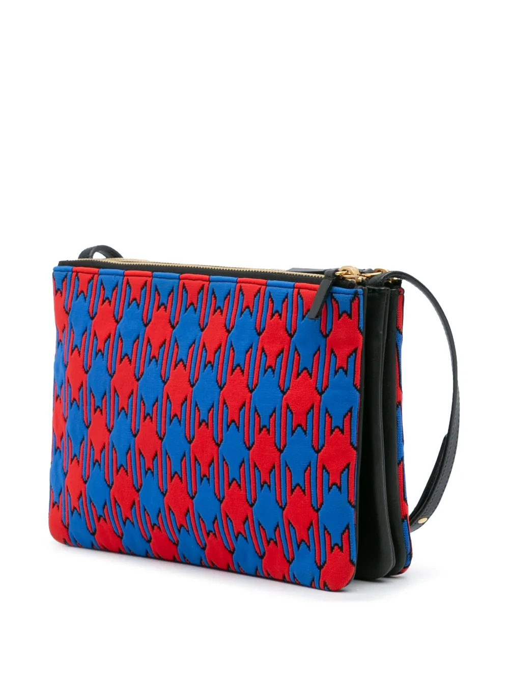 Pre-owned Celine 2015 Large Houndstooth Cotton Trio Crossbody Bag In Blue